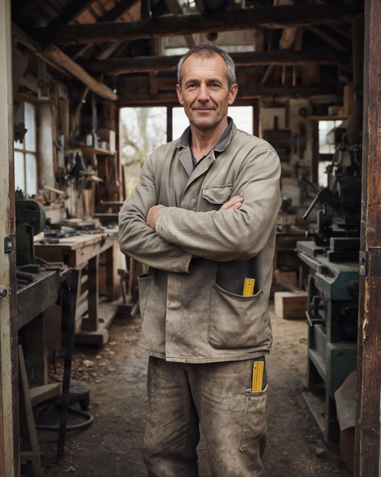 Ein Handwerksmeister steht mit verschränkten Armen in der Tür seiner Werkstatt und schaut ruhig in die Kamera.